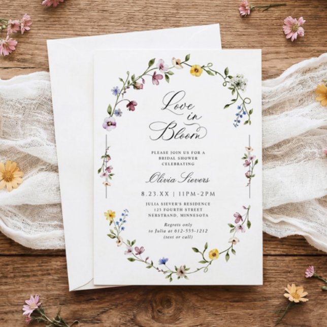 Wildflower Floral Love in Bloom Bridal Shower Invitation (Love in Bloom wildflower bridal shower invitations - elegant vintage watercolor floral frame.)
