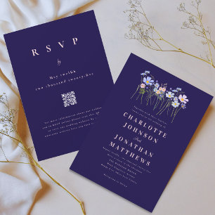 Wildflower Floral Navy Blue Pink Wedding QR Code Invitation