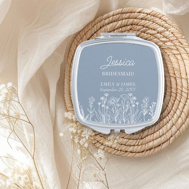 Wildflower Floral Outline Any Color Bridesmaid Compact Mirror (Wildflower Wedding Party Gift - personalize for everyone your bridal party & customize to any color)