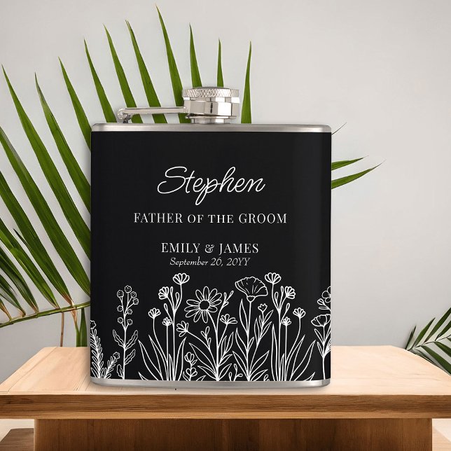 Wildflower Floral Outline Any Color Wedding Gift Flask (Wildflower Wedding Party Gift to personalize for the father of the groom, groomsmen ..)