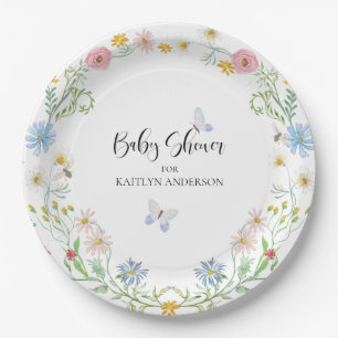 Wildflower Floral Pink Blue Butterfly Baby Shower Paper Plates