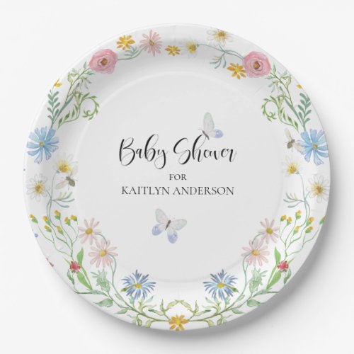 Wildflower Floral Pink Blue Butterfly Baby Shower Paper Plates