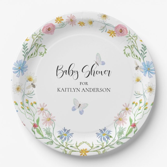 Wildflower Floral Pink Blue Butterfly Baby Shower Paper Plates (Front)