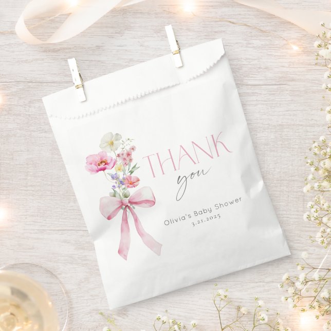 Wildflower Floral Pink Bow Baby Shower Favor Bag (Clipped)