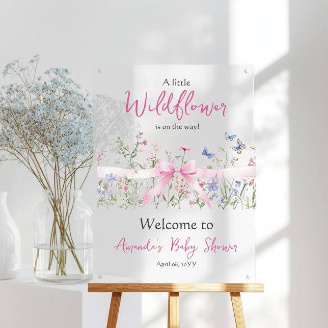 Wildflower Floral Pink Bow Baby Shower Welcome Acrylic Sign (Creator Uploaded)