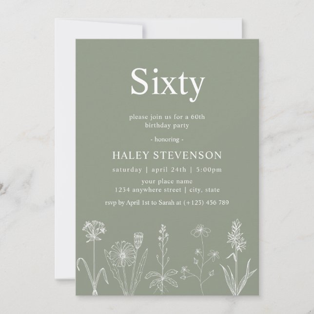 Wildflower Floral Sixty Sage Green 60th Birthday Invitation (Front)