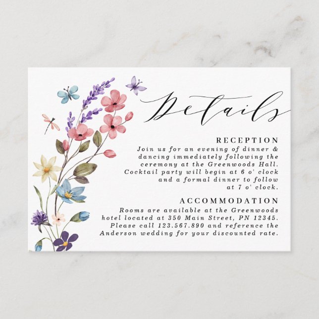 Wildflower Floral Spring Summer Wedding Detail Enclosure Card (Front)