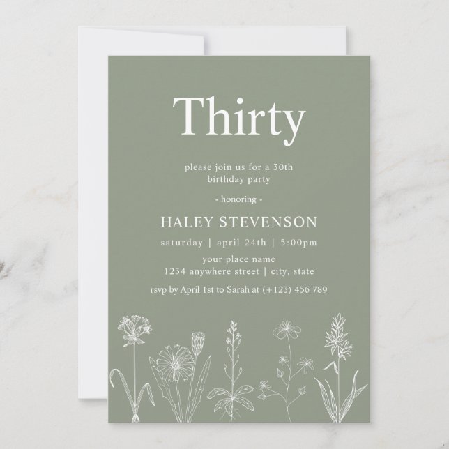 Wildflower Floral Thirty Sage Green 30th Birthday Invitation (Front)