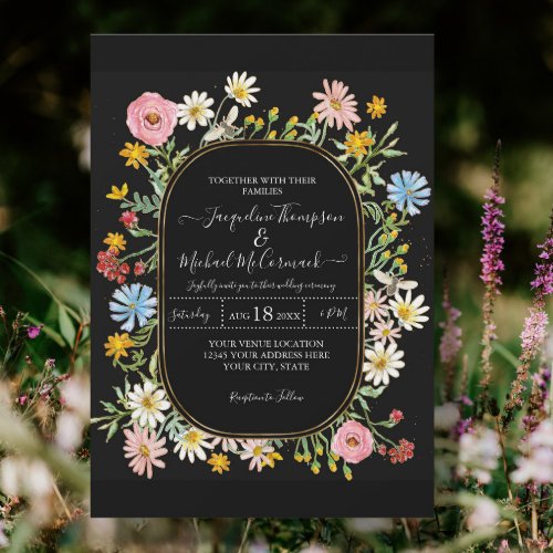Wildflower Floral Watercolor Elegant Gold Wedding Invitation