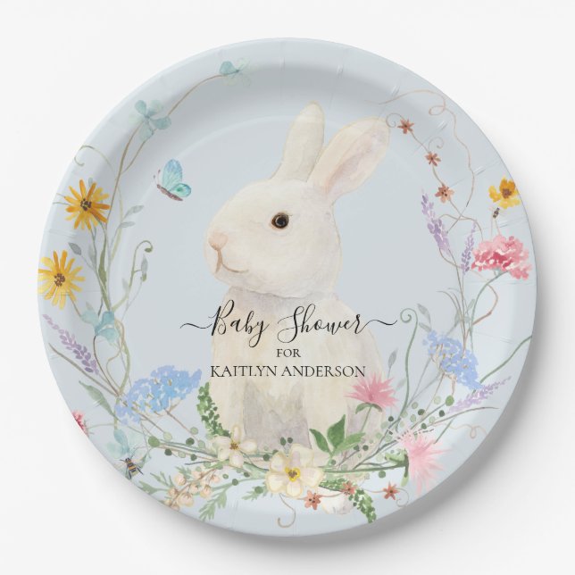 Wildflower Floral Watercolor Rabbit Bee Butterfly Paper Plates (Front)