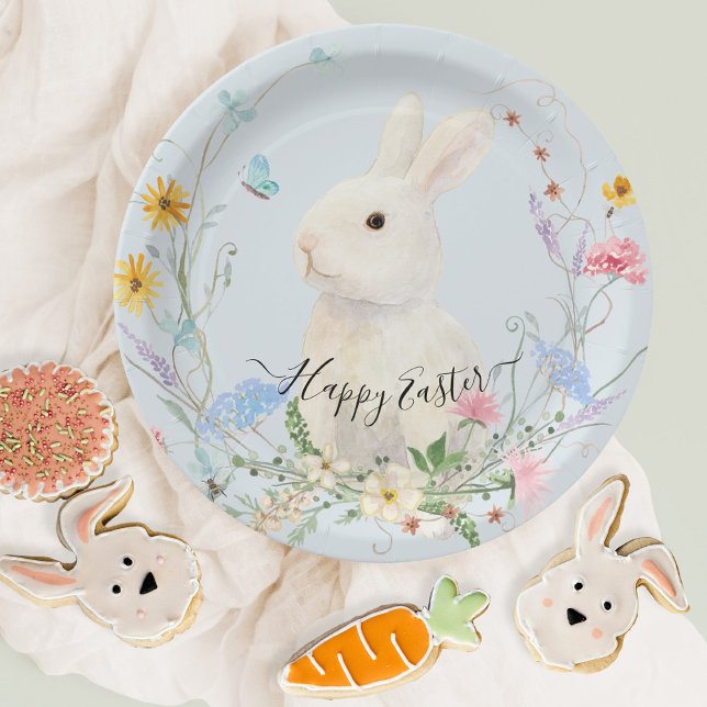 Wildflower Floral Watercolor Rabbit Spring Easter  Paper Plates (Creator Uploaded)