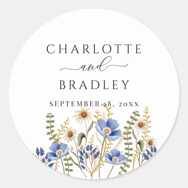 Wildflower Floral Wedding  Classic Round Sticker (Front)