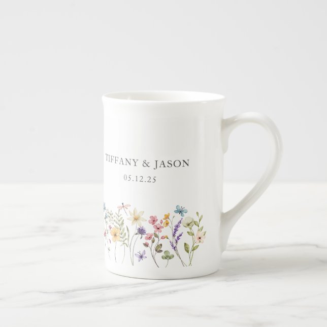 Wildflower Floral Wedding Couple Gift  Bone China Mug (Right)