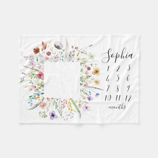 Wildflower Floral Wreath Baby Milestone Blanket (Front (Horizontal))