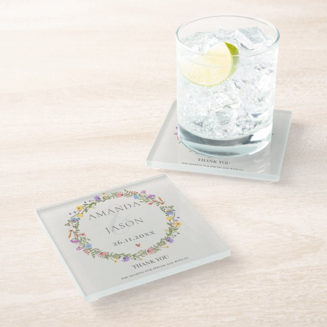 Wildflower Floral  Wreath Wedding Thank You Favor  Glass Coaster (Angled)