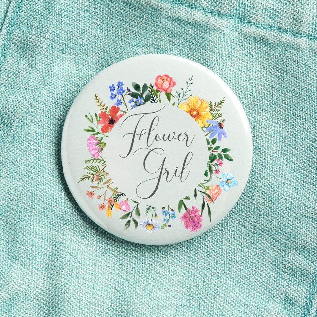 Wildflower Flower Girl Script Wedding  Button (Flower Girl Wildflower Watercolor Floral Wreath Wedding Button
)