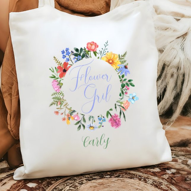 Wildflower Flower Girl Wedding  Tote Bag (Flower Girl Bridal Party Tote Bag gift with watercolor floral wreath)