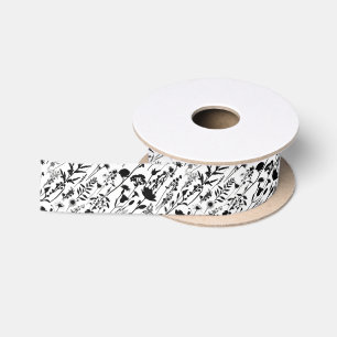 Wildflower Flower Pattern in Black and White Satin Ribbon