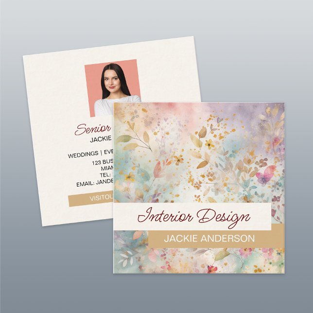 Wildflower Foliage Purple Amber Watercolor Square Business Card (Creator Uploaded)