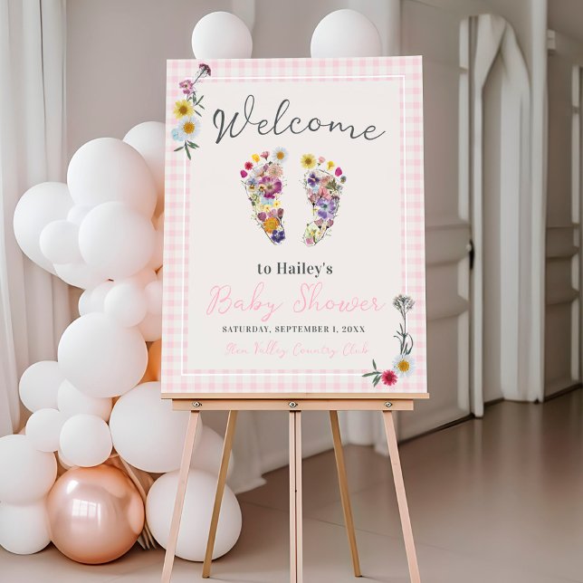 Wildflower Footprints Baby Shower Welcome Sign (Cute wildflower footprints pink gingham unique baby girl shower welcome entrance sign, 22" x 28")