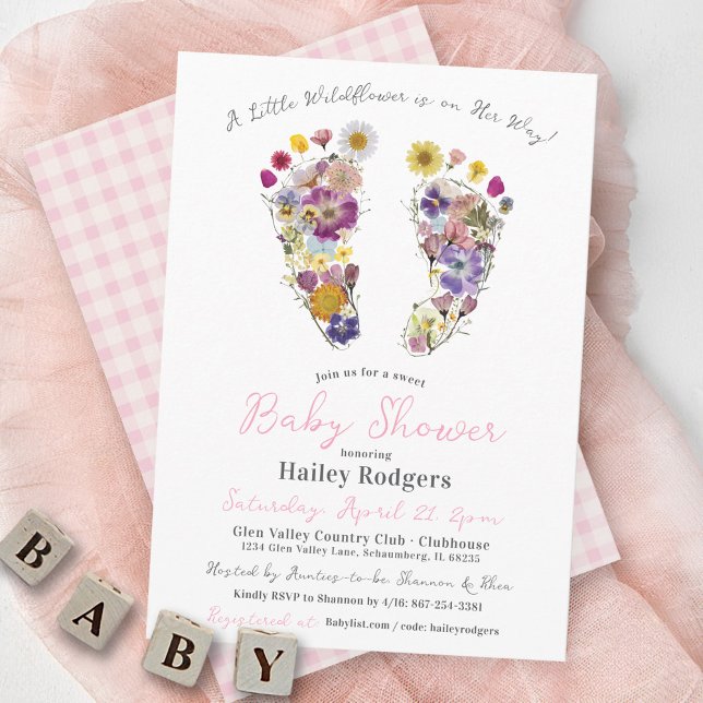 Wildflower Footprints Floral Baby Girl Shower Invitation (A Little Wildflower Is On Her Way Cute Floral Footprints Pink Girl flower Baby Shower Invitation)