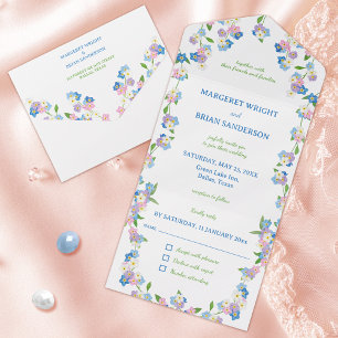 Wildflower Forget Me Not Blue and Pink Watercolor All In One Invitation