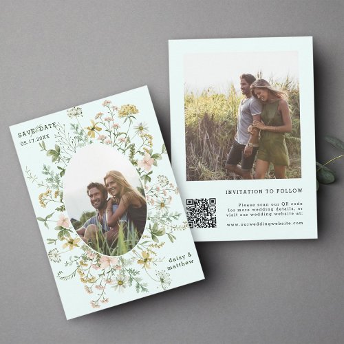 Wildflower Frame 2 Photo Wedding QR Code Mint Save The Date