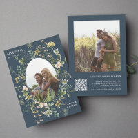 Wildflower Frame 2 Photo Wedding QR Code Navy Blue
