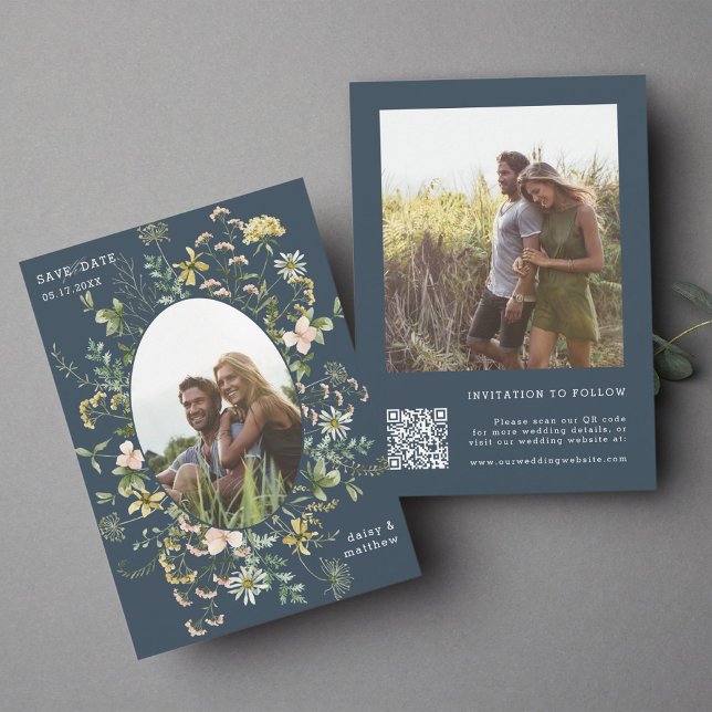 Wildflower Frame 2 Photo Wedding QR Code Navy Blue Save The Date (Creator Uploaded)