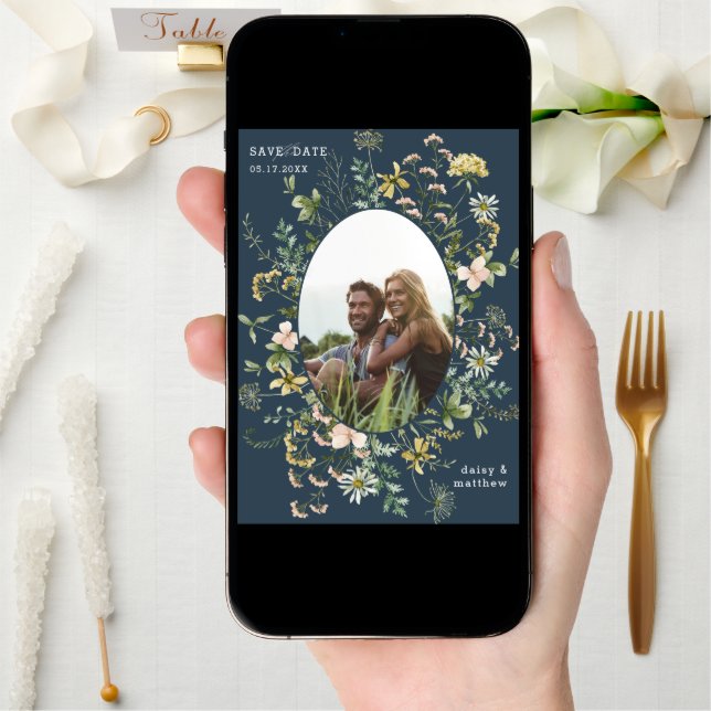 Wildflower Frame 2 Photo Wedding QR Code Navy Blue Save The Date (Front Digital)