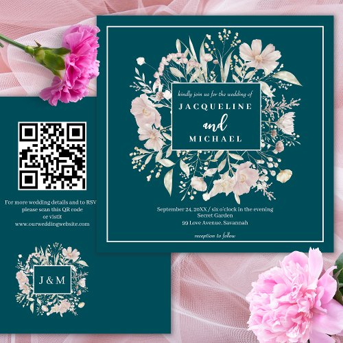 Wildflower Frame Elegant Deep Teal QR Code Wedding Invitation