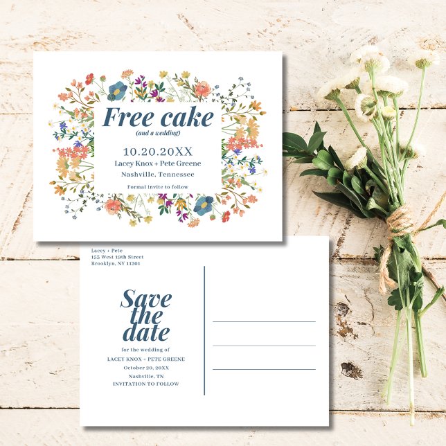 Wildflower Funny Free Cake Wedding Save the Date Announcement Postcard (Wildflower Funny Free Cake Wedding Save the Date )
