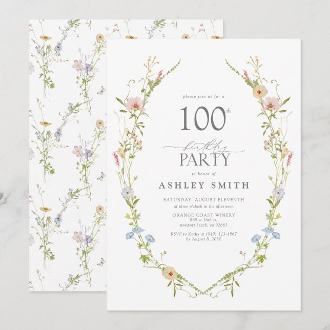 Wildflower Garden 100th Birthday Party Watercolor Invitation (Front/Back)