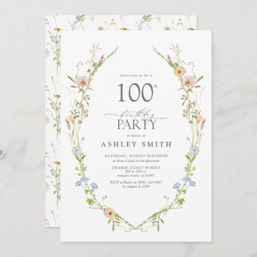 Wildflower Garden 100th Birthday Party Watercolor Invitation
