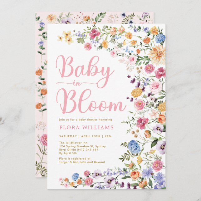 Wildflower Garden Baby in Bloom Baby Girl Shower I Invitation (Front/Back)