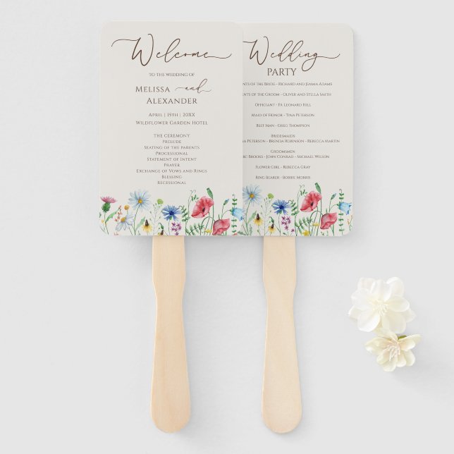 Wildflower garden Beige Wedding Program Hand Fan (Front and Back)