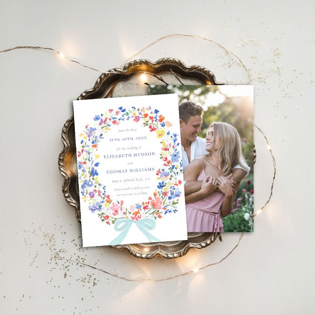 Wildflower Garden Blue Bow Photo Wedding Save Date Invitation (wildflowers wedding save the date photo enchanted garden blue bow watercolor elegant rustic)
