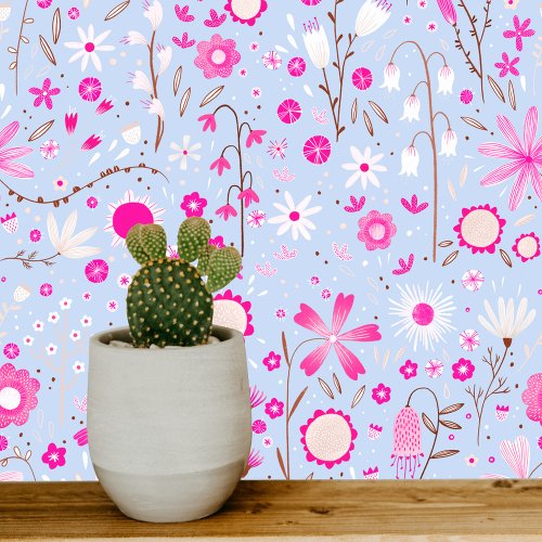 Wildflower Garden Blue Pink Floral Wallpaper