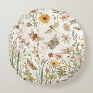 Wildflower Garden Botanical Butterflies Floral Round Pillow
