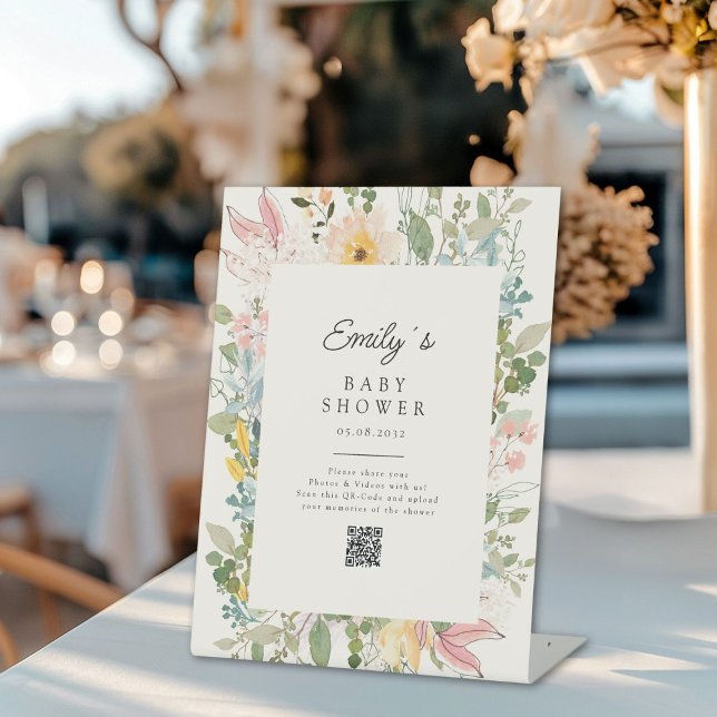 Wildflower Garden Charm Baby Shower QR Code Pedestal Sign (Custom Wildflower Garden Charm Baby Shower QR Code Pedestal Sign, for a Photo Gallery.)