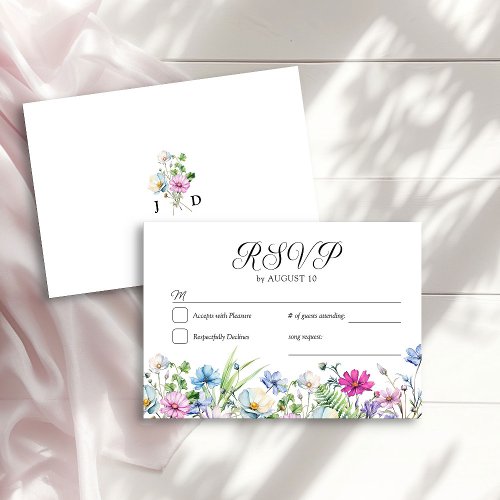 Wildflower Garden Floral Monogrammed Wedding RSVP Card