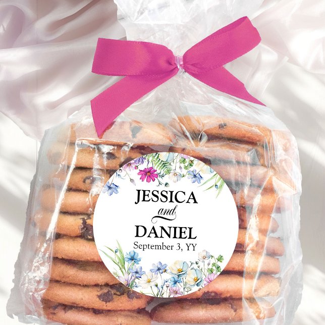 Wildflower Garden Floral Wedding Names and Date Classic Round Sticker (Wedding Stickers from the Wildflower Garden Wedding Collection by Darling & May)