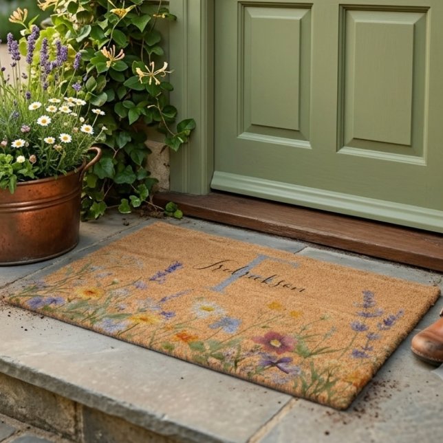 Wildflower Garden Initial Welcome Mat (A cozy, floral family doormat for a warm housewarming gift for friends.)