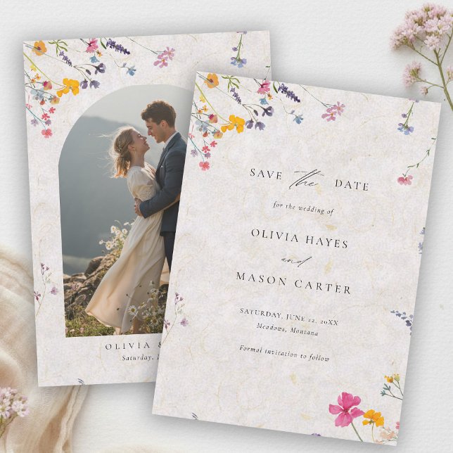 Wildflower Garden Modern Blush Pink Photo Wedding Save The Date (wildflower wedding photo save the date watercolor garden backyard barn summer spring pink arch)