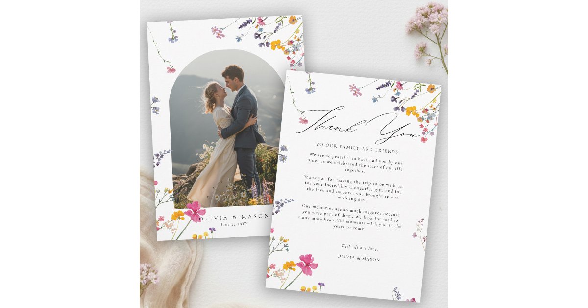 Wildflower Garden Modern Watercolor Arch Wedding Thank You Card | Zazzle