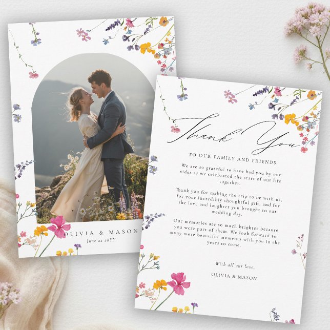 Wildflower Garden Modern Watercolor Arch Wedding Thank You Card (wildflower wedding photo thank you watercolor garden backyard barn summer spring arch)