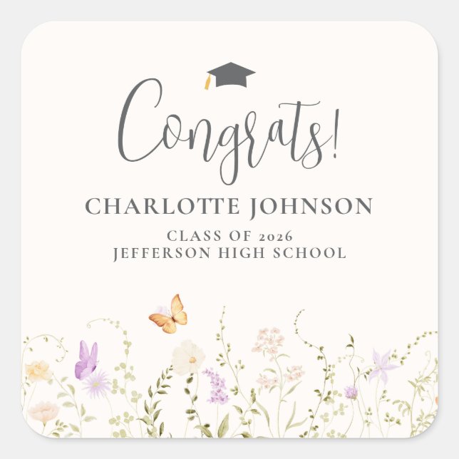 Wildflower Garden Party Graduation Tableware Square Sticker (Front)