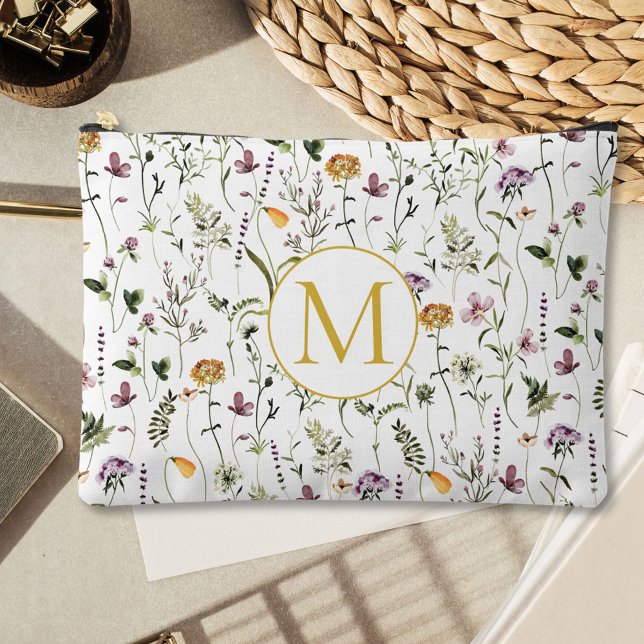 Wildflower Garden Pattern Custom Monogram Accessory Pouch (In situ, on table)