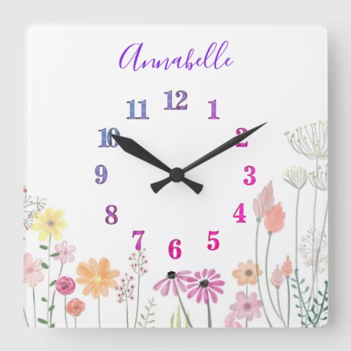 Wildflower Garden  Personalized  Square Wall Clock