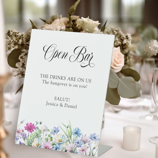 Wildflower Garden Pretty and Fun Open Bar Wedding Pedestal Sign (Open Bar Sign from Wildflower Garden Wedding Collection by Darling & May)